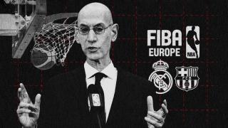 Adam Silver, comisionado de la NBA, con los logos de la NBA y de FIBA Europa y los escudos de Real Madrid y FC Barcelona en un fotomontaje.