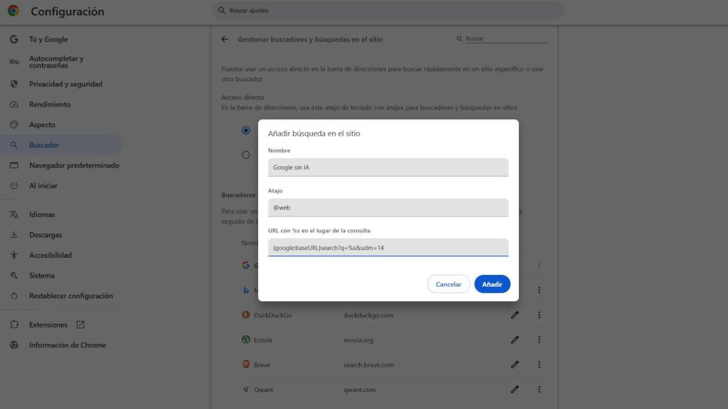 Creando una búsqueda sin IA en Google Chrome