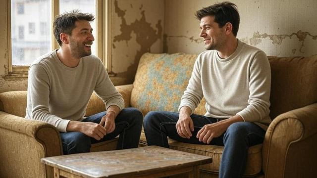 Dos compañeros de piso conversando en el salón.