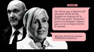 María Tato y Rafael Louzán, en un fotomontaje con los whatsapps que envió la directiva de la RFEF confirmando su despido en diciembre.