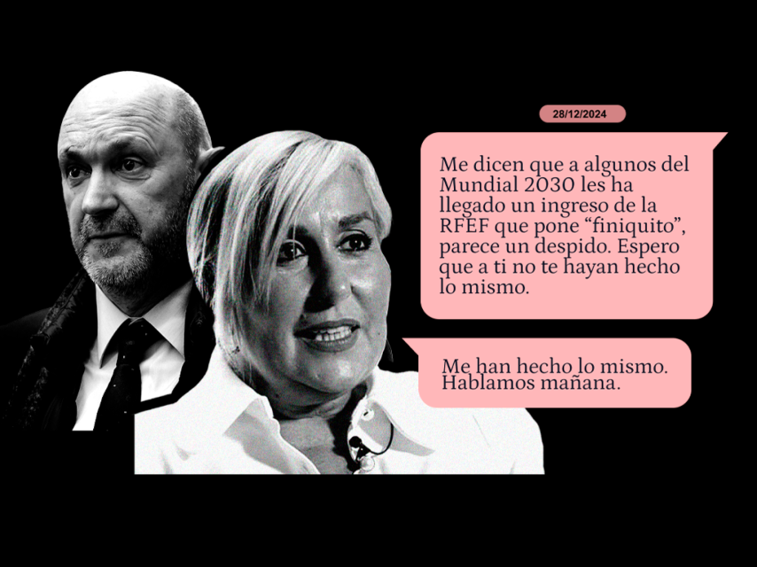 María Tato y Rafael Louzán, en un fotomontaje con los whatsapps que envió la directiva de la RFEF confirmando su despido en diciembre.