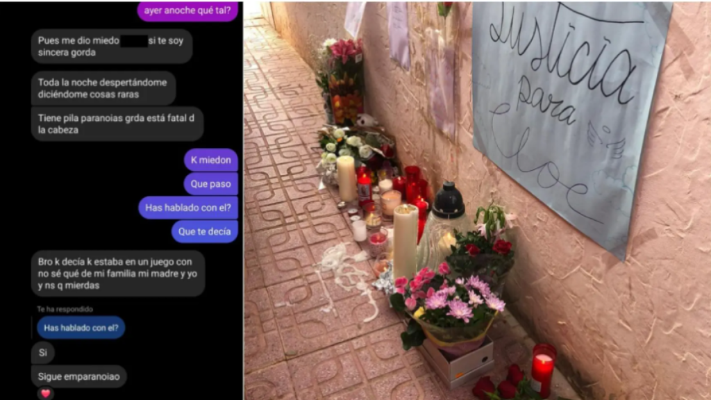Una conversación de Cloe con una amiga, semanas antes de que 'El Rayo' le cortara el cuello. Al lado, el altar improvisado que las amigas de la víctima han montado en el callejón de Orihuela Costa donde fue apuñalada.
