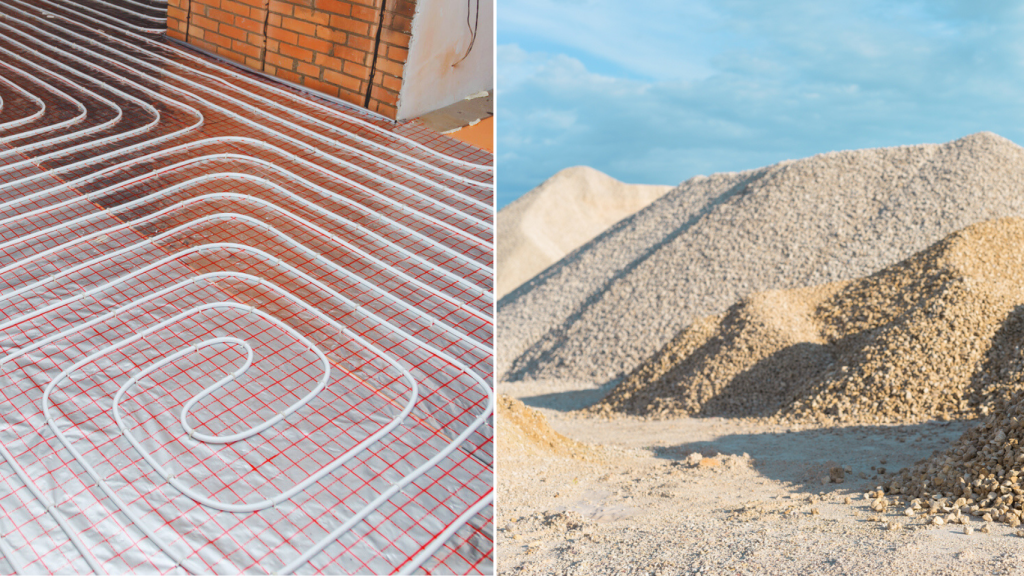 Sistema de calefacción por suelo radiante y montones de arena.