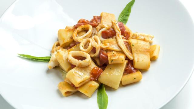 Un plato de pasta con calamares.