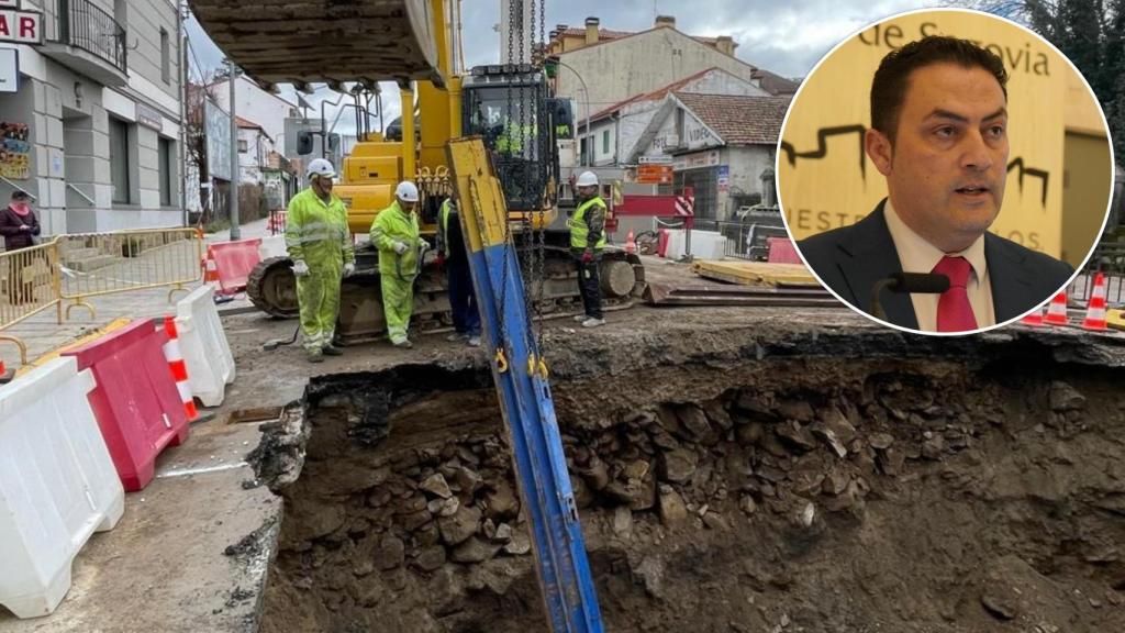 Socavón de San Rafael junto a una imagen del alcalde de El Espinar, Javier Figueredo