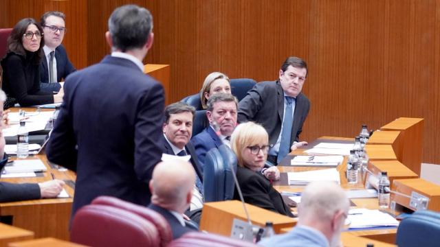 El portavoz de Vox, David Hierro, de espaldas, se dirige al presidente de la Junta, Alfonso Fernández Mañueco, en un pleno de febrero de 2025