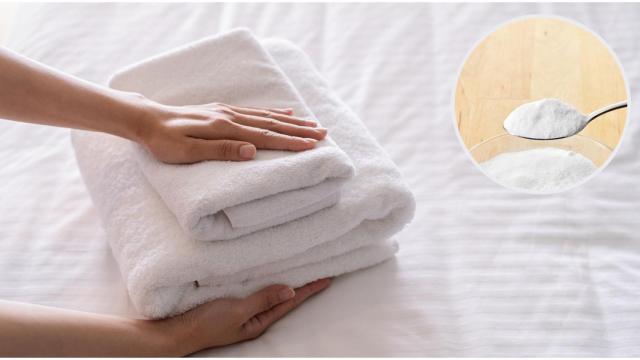 Collage con varias toallas limpias y suaves junto a una cucharada de percarbonato de sodio.