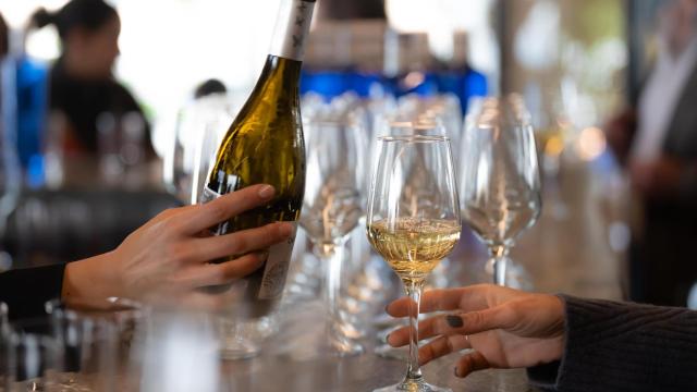 Un camarero sirve copas de vino blanco en un bar, 21 de febrero de 2024, en Barcelona, Catalunya (España).