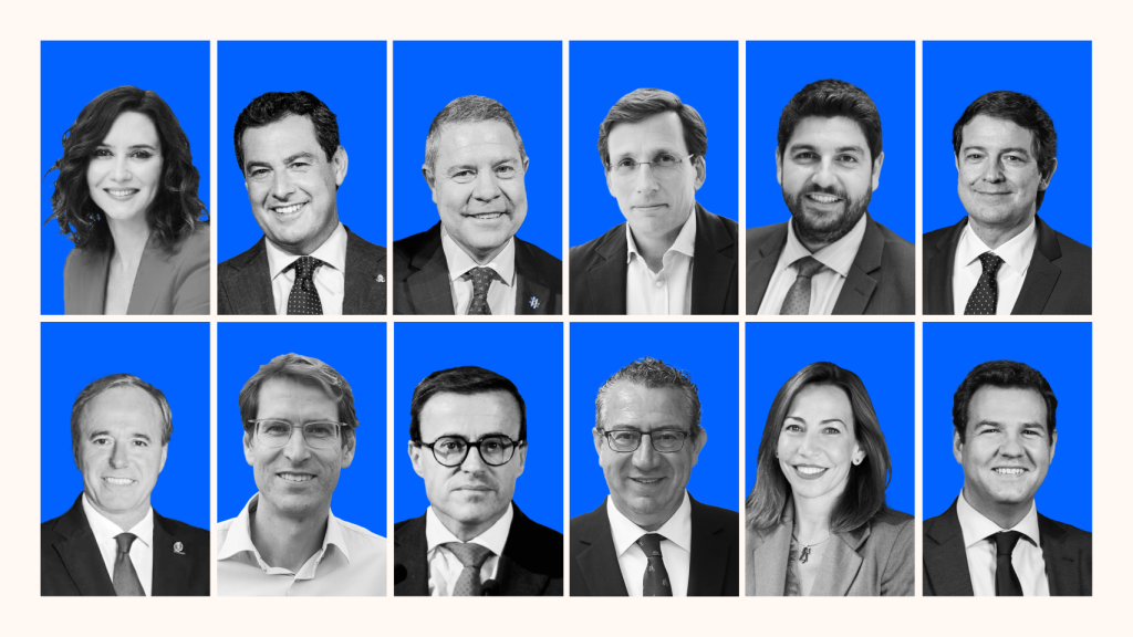 De izda. a dcha. Ayuso, Moreno Bonilla, Page, Almeida, López Miras, Mañueco, Azcón, Capellán, Gallardo,  Chueca y De la Uz