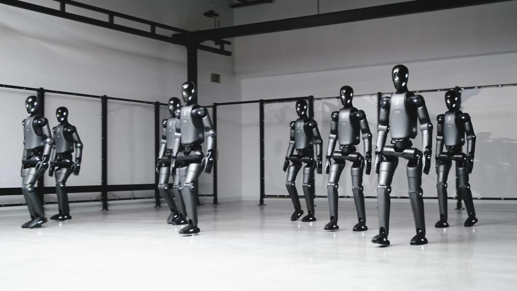 Varios robots humanoides Figure 02 caminando como humanos.