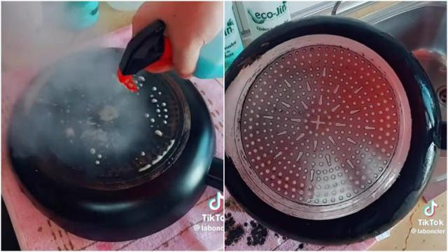 Captura de un vídeo de TikTok en el que se muestra el proceso de limpieza de una sartén con grasa incrustada.
