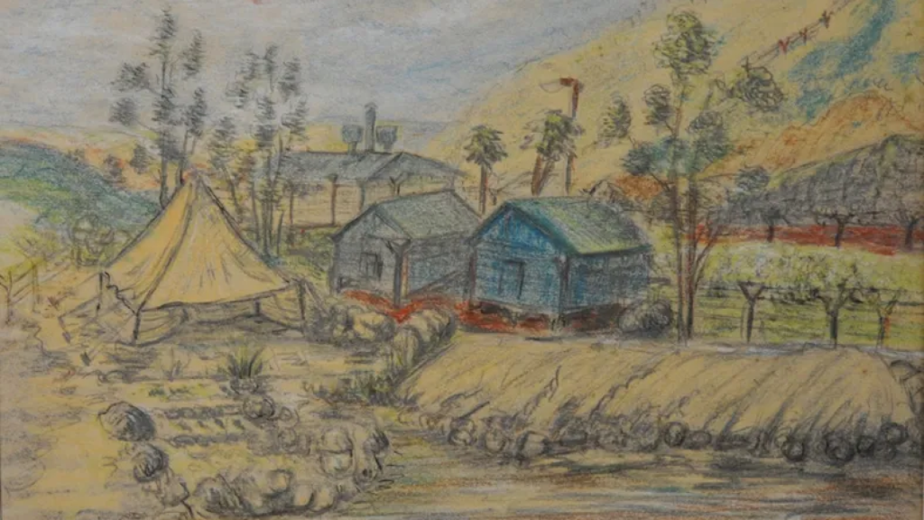 Una ilustración real hecha por un detenido japonés-americano en la década de 1940, donde se refleja el campo de internamiento de Honouliuli