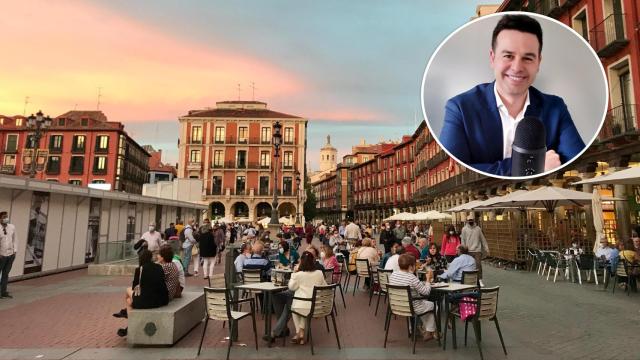 Varias personas disfrutando en una terraza de Valladolid durante el atardecer y una imagen de César Martín Izquierdo, presidente de la Comisión Nacional para la Racionalización de los Horarios Españoles