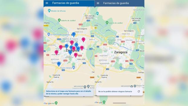 La app 'Farmacias de guardia Zaragoza', normal (izquierda) y cuando estaba bloqueada (derecha)