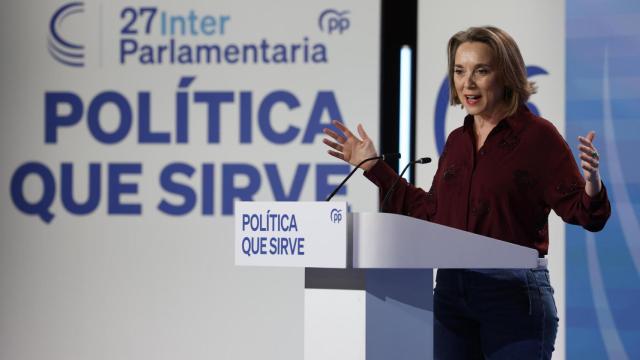 Cuca Gamarra, este sábado en Sevilla durante su intervención ante la Interparlamentaria del PP-