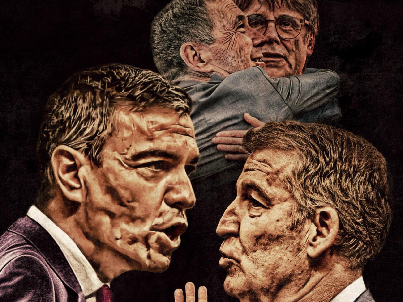 Sánchez y Feijóo discuten mientras al fondo Otegi se abraza con Puigdemont.