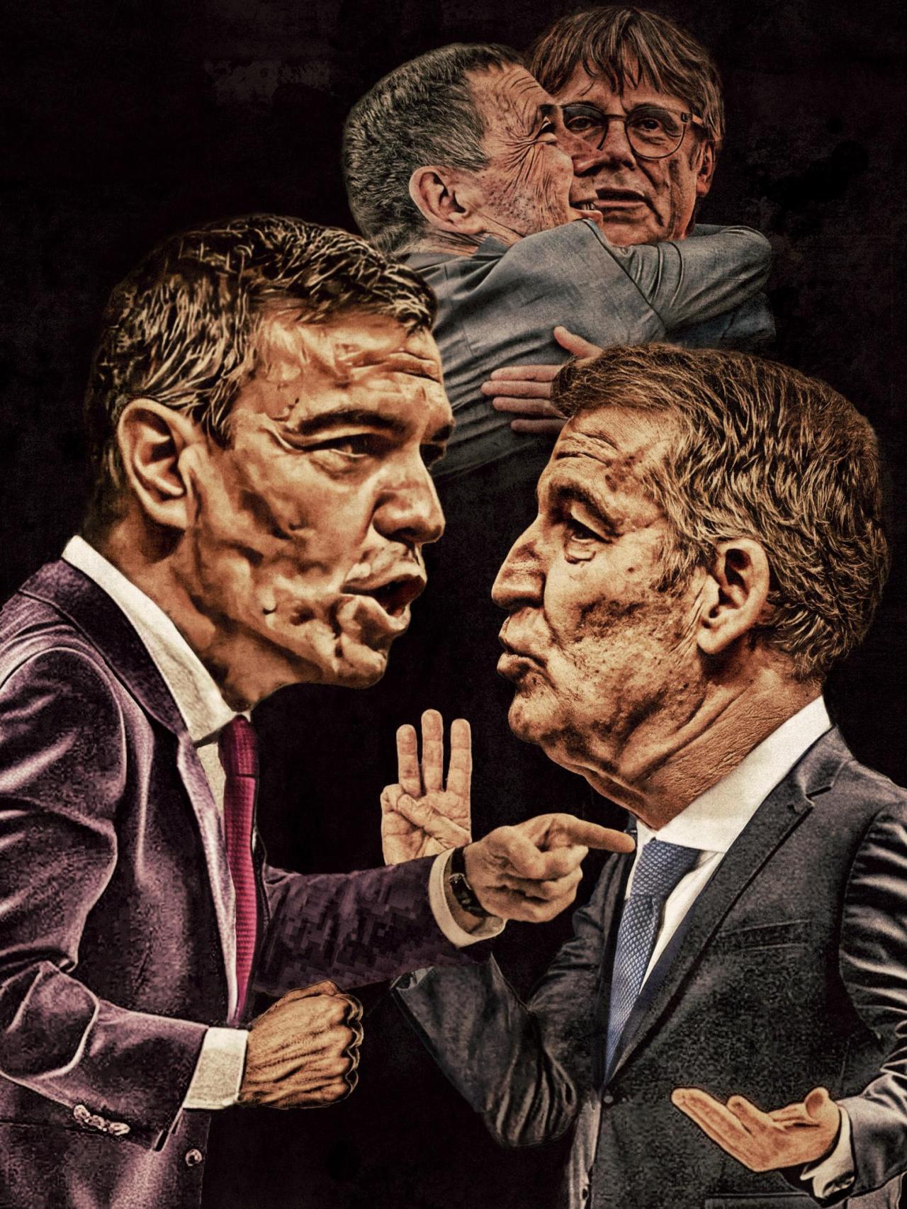Sánchez y Feijóo discuten mientras al fondo Otegi se abraza con Puigdemont.