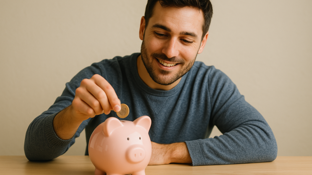 Adulto introduciendo dinero en una hucha.
