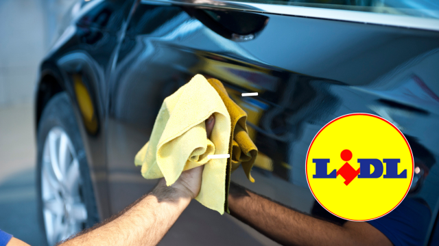 Limpieza de la carrocería de un coche y logo de Lidl.