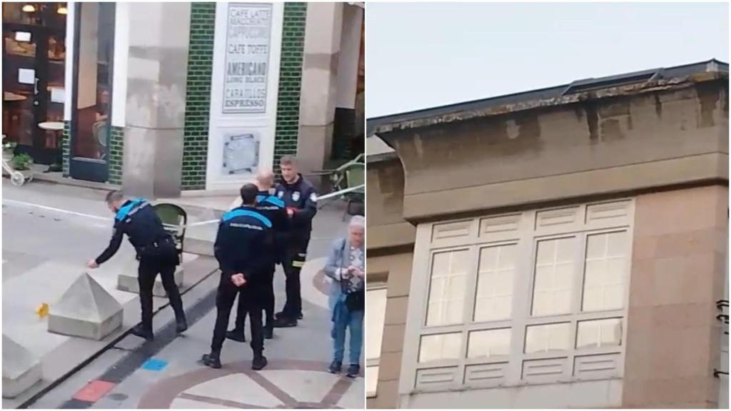 Caen cascotes de un edificio de la plaza Galera de A Coruña