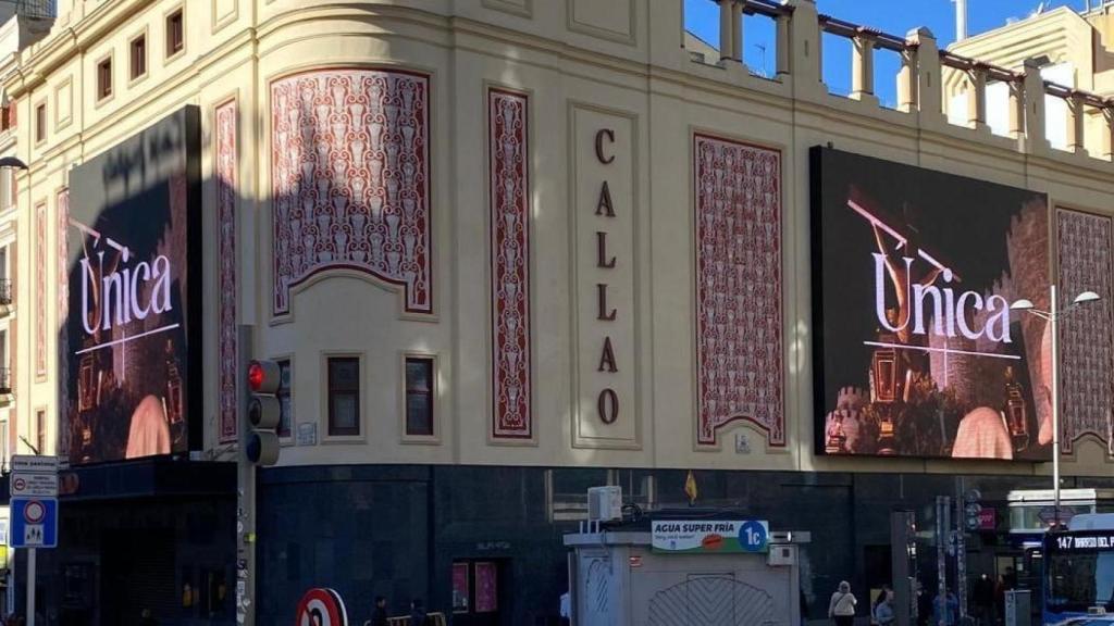 Imagen de las pantallas del Cine Callao de Madrid proyectando la campaña de Castilla y León Única.