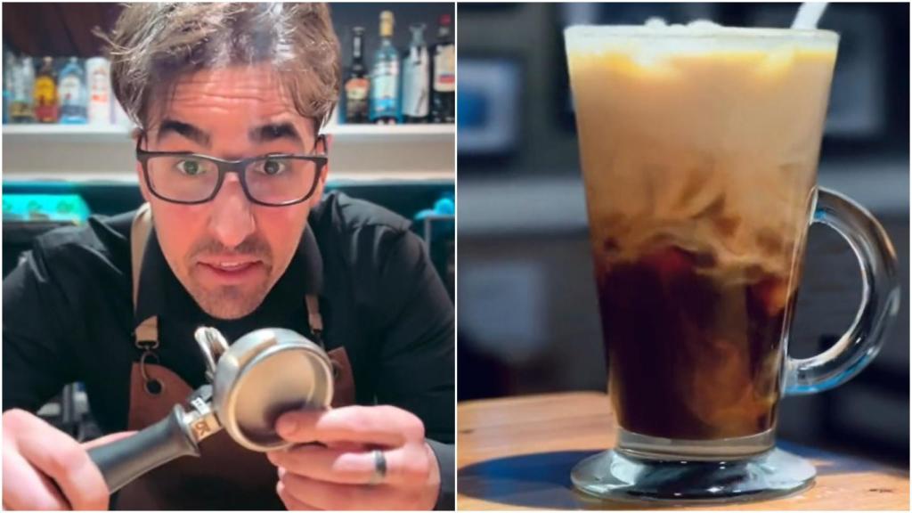 Imagen del vídeo viral de Eduardo, el camarero de TikTok, hablando sobre el café en vaso o en taza.