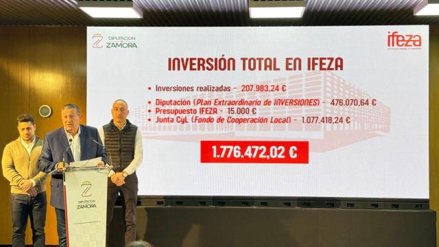 El presidente de la Diputación de Zamora, Javier Faúndez; el vicepresidente cuarto y diputado de Desarrollo económico y responsable de Ifeza, Emilio Fernández, y el director general del recinto ferial, Sergio de Fuentes