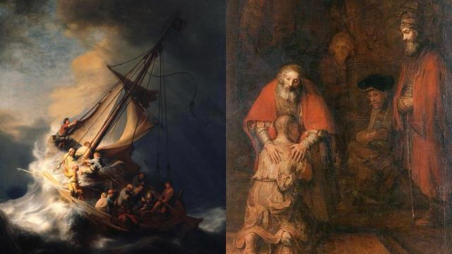 A la izquierda, 'Tormenta en el Mar de Galilea'; a la derecha, 'El regreso del hijo pródigo'. Ambos de Rembrandt.