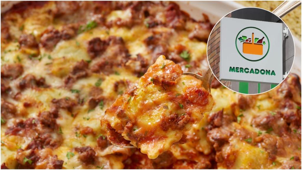 Collage con un plato de lasaña y al lado el logotipo de Mercadona.