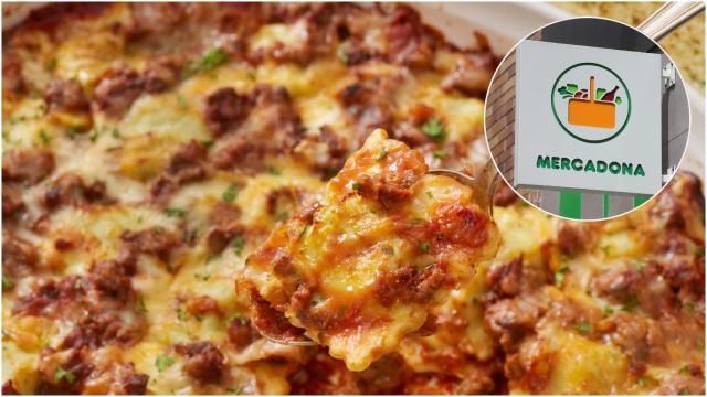 Collage con un plato de lasaña y al lado el logotipo de Mercadona.
