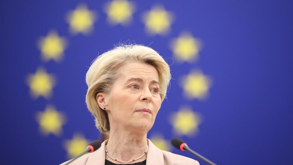 La presidenta Ursula von der Leyen, durante su comparecencia de este martes en la Eurocámara