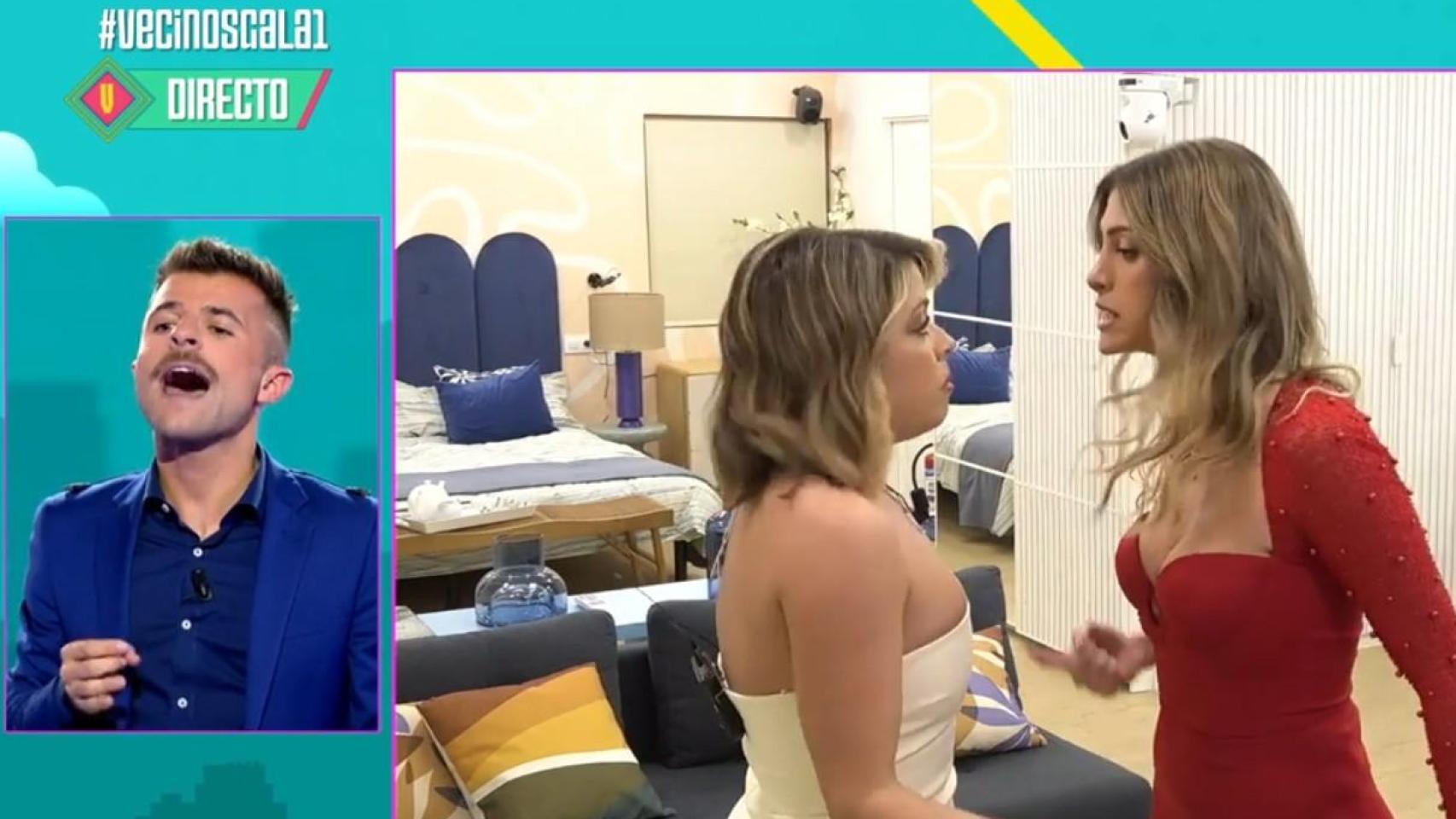 Iban García intenta calmar a Alba y Aida en 'Los vecinos de la casa de al lado'.