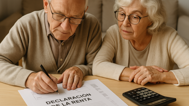 Montaje de dos personas mayores haciendo la declaración de la Renta.