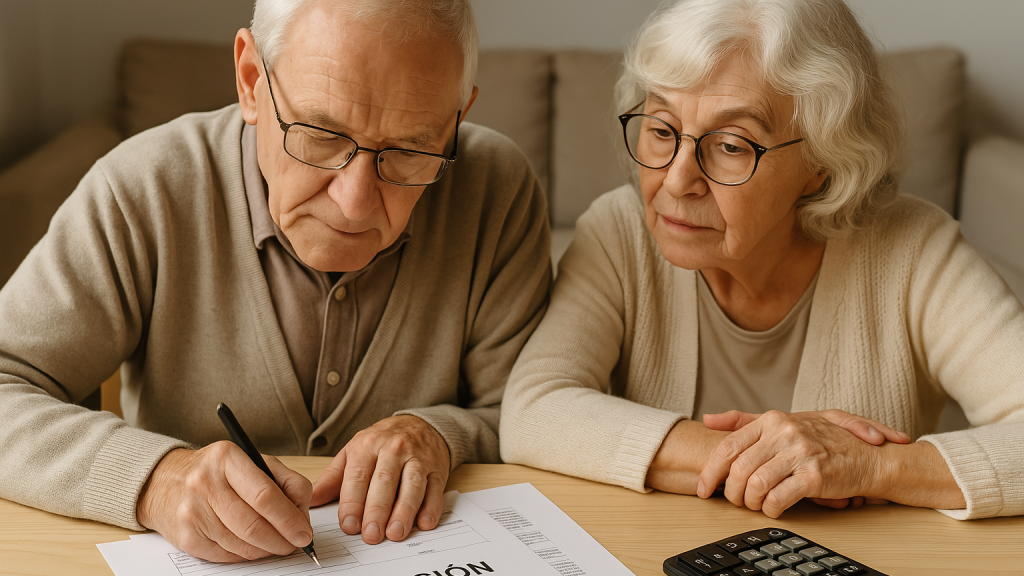 Montaje de dos personas mayores haciendo la declaración de la Renta.