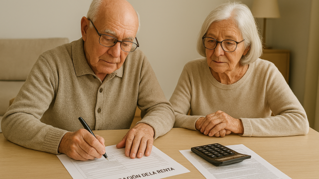Dos personas mayores haciendo la declaración de la renta.