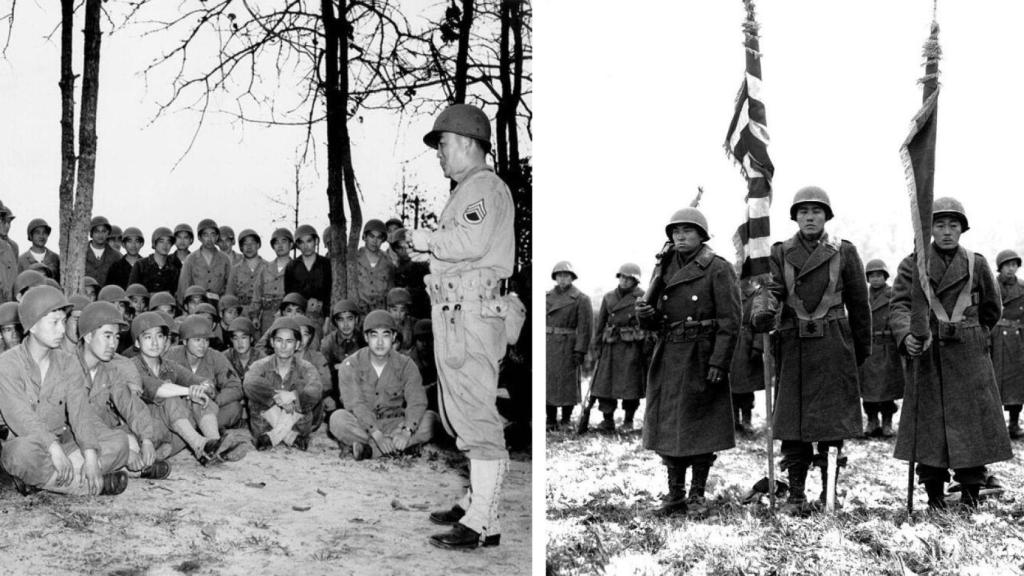 A la izquierda, soldados del 100º Batallón de Infantería recibiendo entrenamiento para el uso de granadas, 1943.              A la derecha, dos guardias y abanderados del 442º Regimiento de Combate 'Nisei' permanecen firmes mientras se les leen sus menciones,  1944.