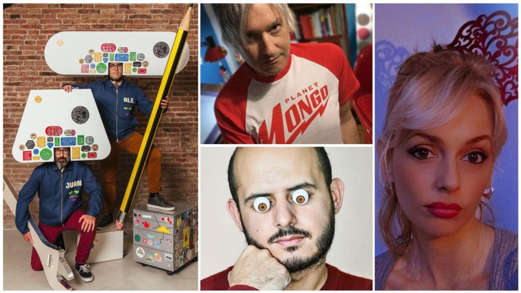 De izquierda a derecha: Brosmind Helmets, Roberto Argüelles, Javier Jaén y María Gómez, algunos de los creativos que participarán en el Festival Creativa de Vigo