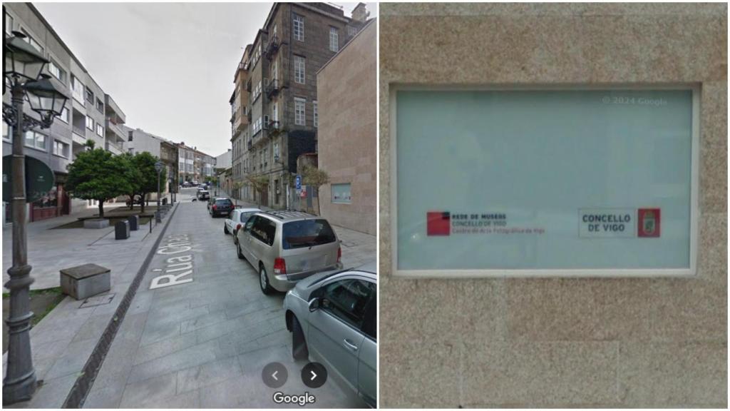 Plaza de Eduardo Chao y detalle del cartel de la actual sede de la Diputación.