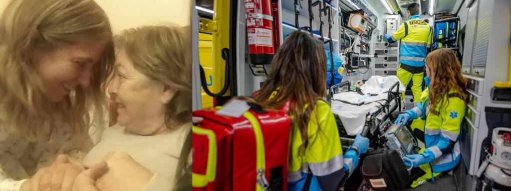 Carmen, sonriente con su hija. Al lado, una imagen de una UVI móvil difundida por el SUMMA 112.