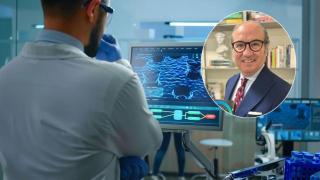 Montaje de un científico en un laboratorio analiza una prueba y el doctor José Antonio Trujillo.