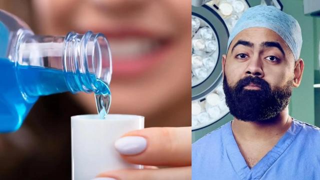El cirujano Karan Rajan y un enjuague bucal.
