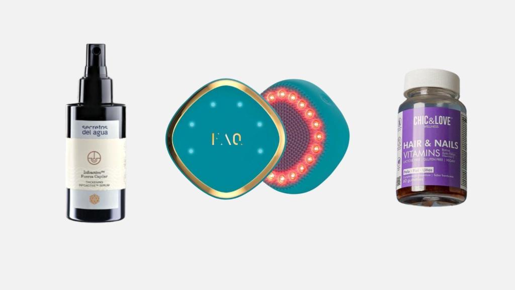 De izquierda a derecha: Serúm anticaída, de Secretos del Agua; dispositivo FAQ™ 301, de FOREO;  suplementos Hair & Nails, de Chic&Love.