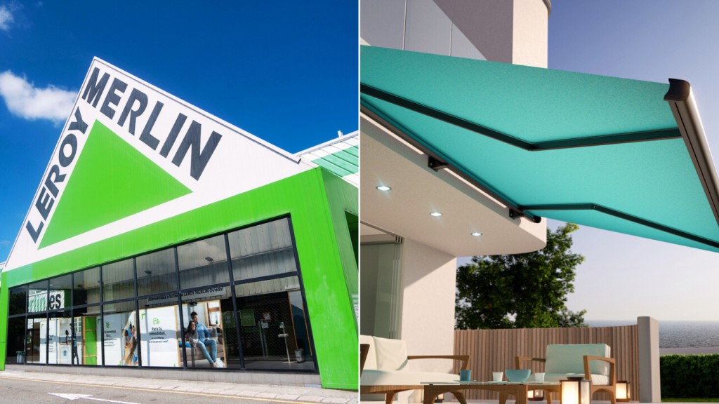 Un centro Leroy Merlin y una terraza con toldo.