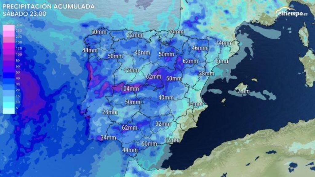 Acumulados previstos en la península y Baleares hasta el sábado.