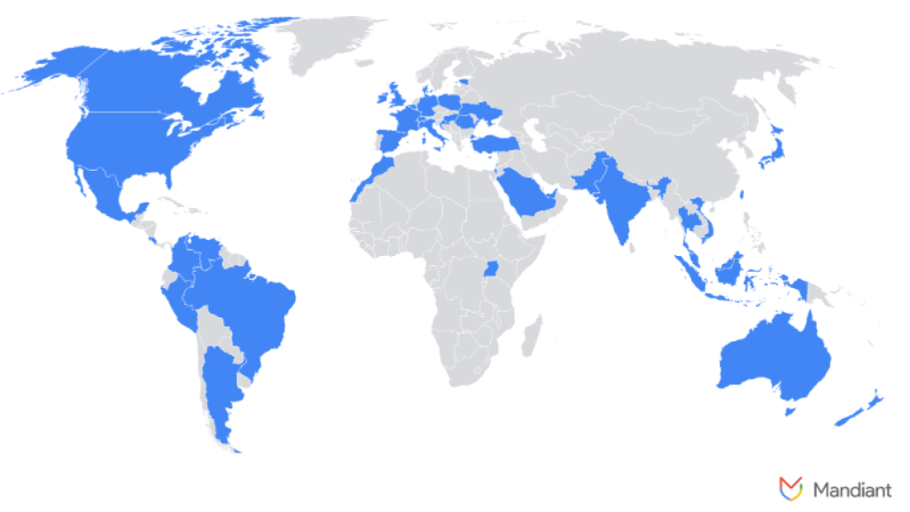 GTIG - Mapa de los países afectados por los trabajadores informáticos norcoreanos
