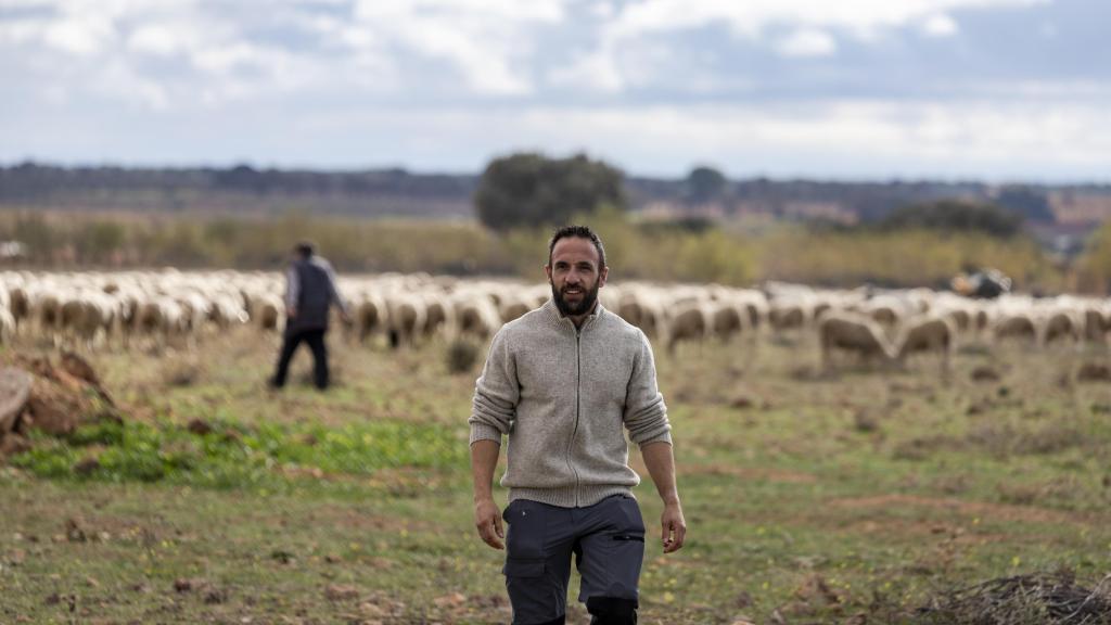 Ramón Cobo, creador de Wool4Life, con el rebaño de ovejas merinas en Mota del Cuervo (Cuenca).