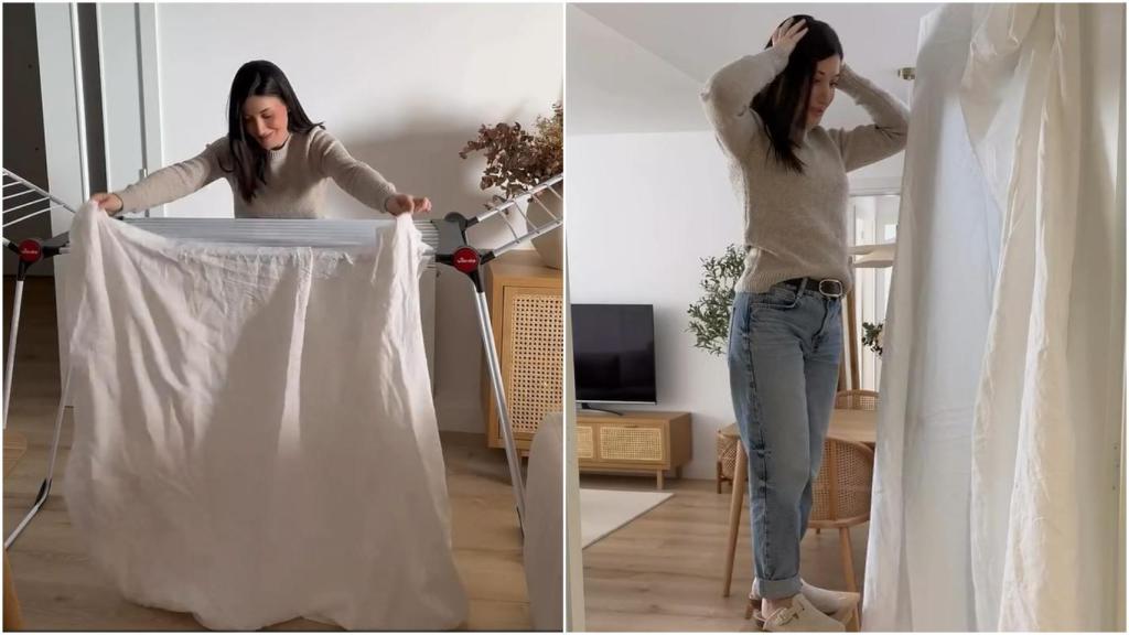 Captura del vídeo de Instagram de María Fernández (@marianordichouse) mostrando su truco para colgar sábanas en interior.