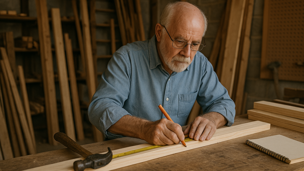 Jubilando trabajando en la carpintería.