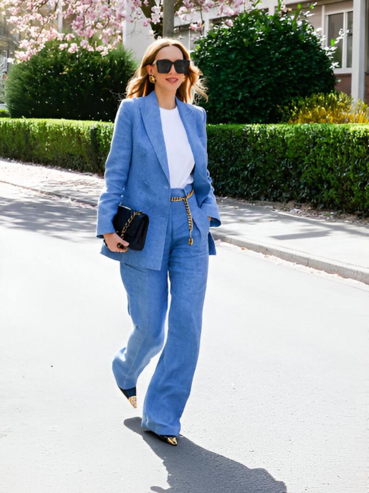 Alexandra Lapp, con un traje azul de lo más favorecedor.