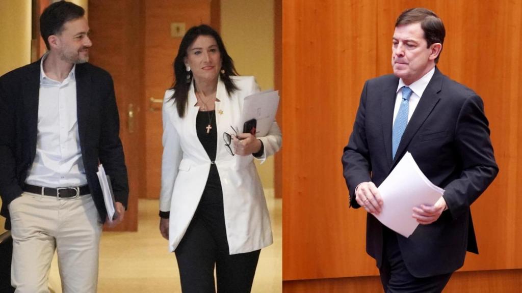 El secretario primero de la Mesa de las Cortes, Diego Moreno, la vicepresidenta segunda, Ana Sánchez, y el presidente de la Junta, Alfonso Fernández Mañueco, en un montaje de EL ESPAÑOL